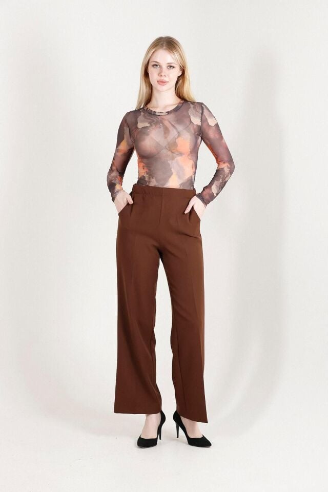 Balenbi Kadın Palazzo Yüksek Bel Likralı Dokuma Pantolon 1003 38 - Kahve