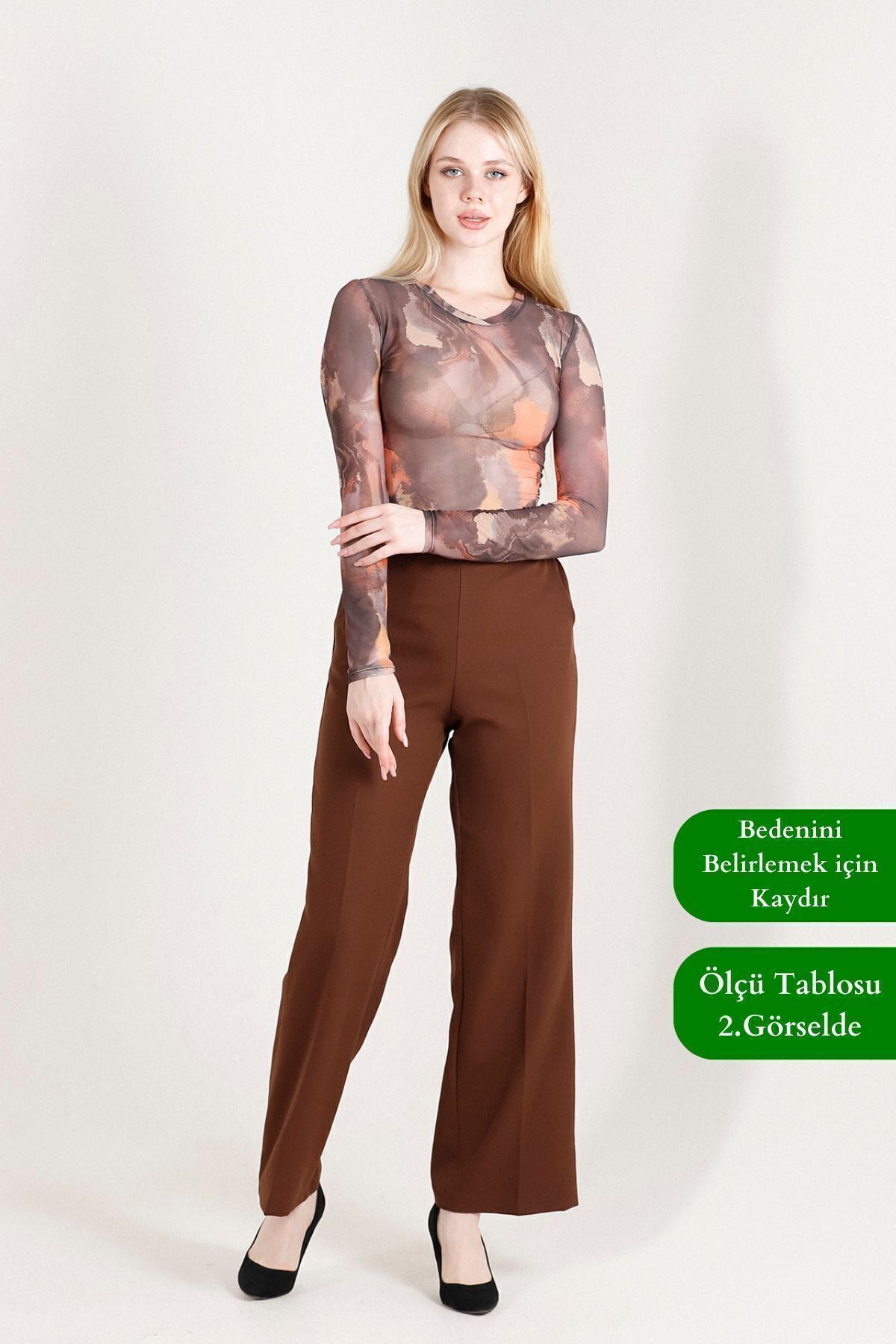 Balenbi Kadın Palazzo Yüksek Bel Likralı Dokuma Pantolon 1003 38 - Kahve