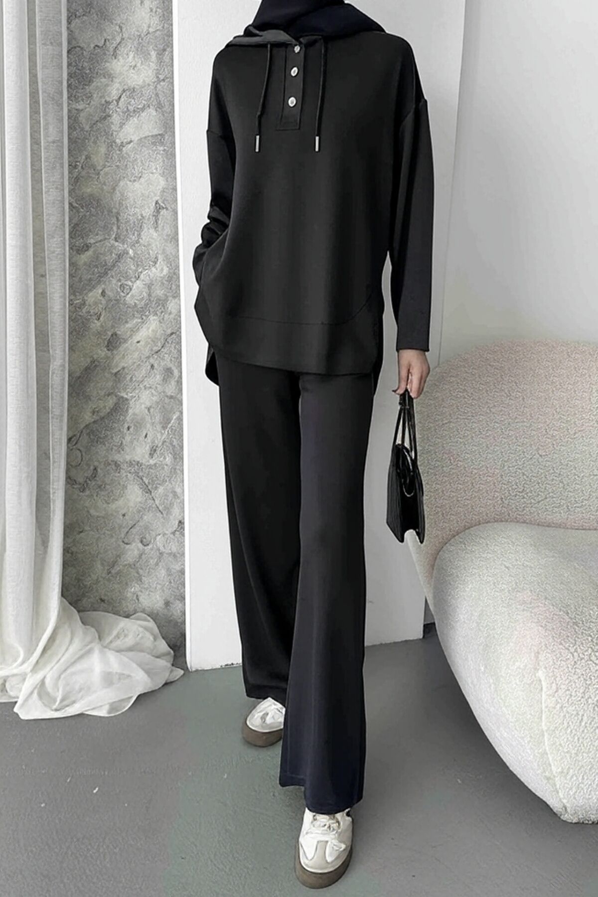 Balenbi Kadın Modal Kumaş Çıtlı Kapüşonlu Oversize Tunik Takım 1119 XL - Siyah