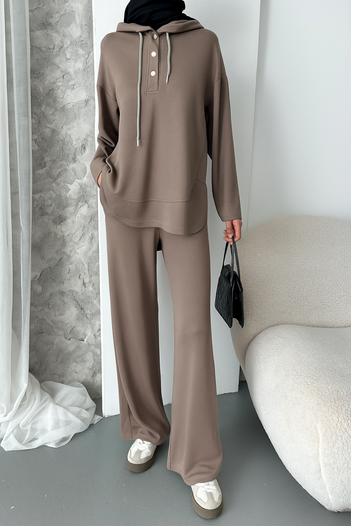 Balenbi Kadın Modal Kumaş Çıtlı Kapüşonlu Oversize Tunik Takım 1119 XL - Vizon