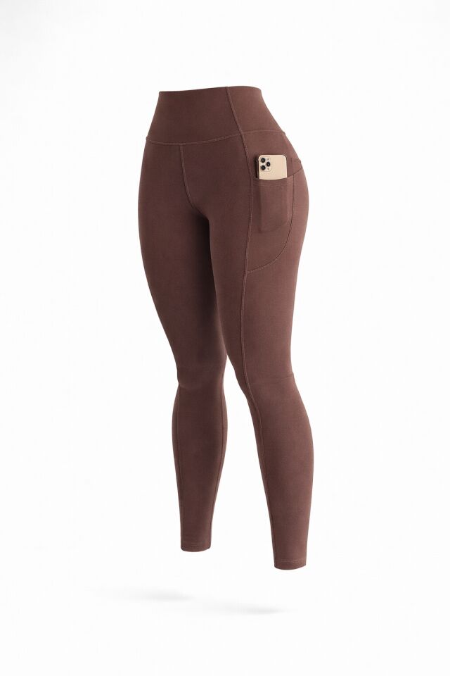 Balenbi Haute Kadın Yüksek Bel Toparlayıcı Çift Cepli Leggings Fitness Tayt 1092 XL - Kahverengi
