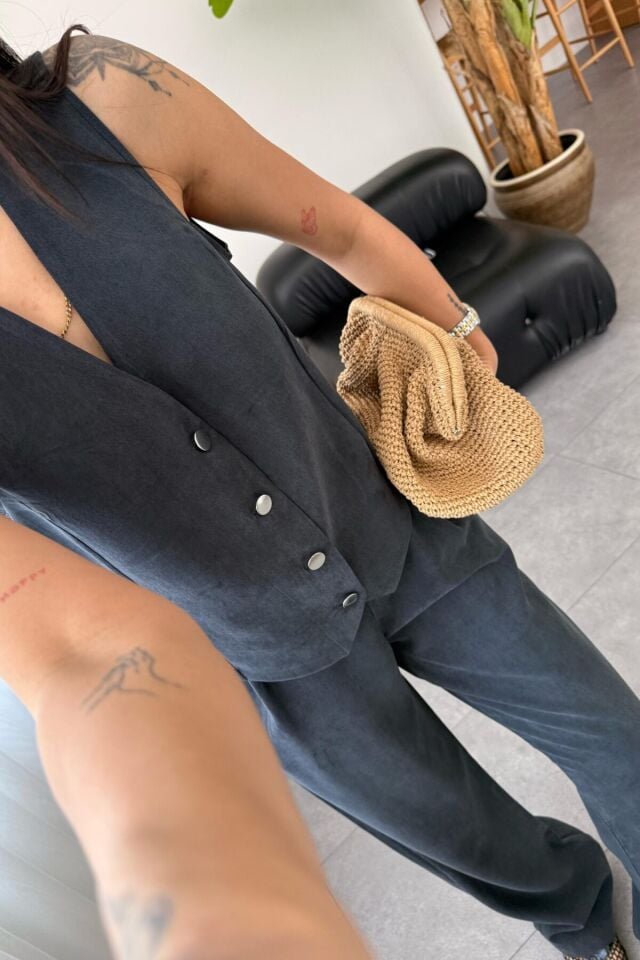 Feela Moda Kadın Tensel Kumaş Dokuma Yelekli Palazzo Takım 2011 S - Antrasit