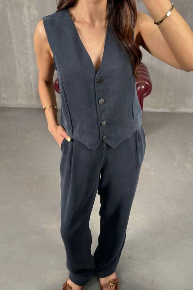 Feela Moda Kadın Tensel Kumaş Dokuma Yelekli Palazzo Takım 2011 S - Antrasit