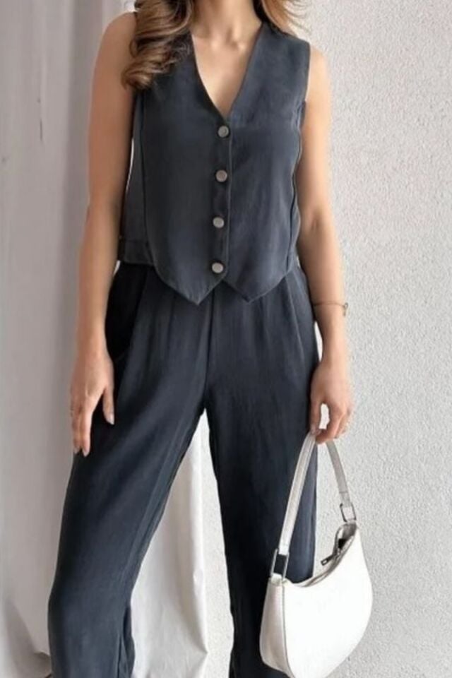 Feela Moda Kadın Tensel Kumaş Dokuma Yelekli Palazzo Takım 2011 S - Antrasit