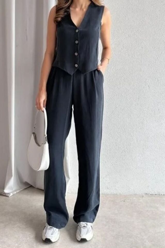 Feela Moda Kadın Tensel Kumaş Dokuma Yelekli Palazzo Takım 2011 S - Antrasit