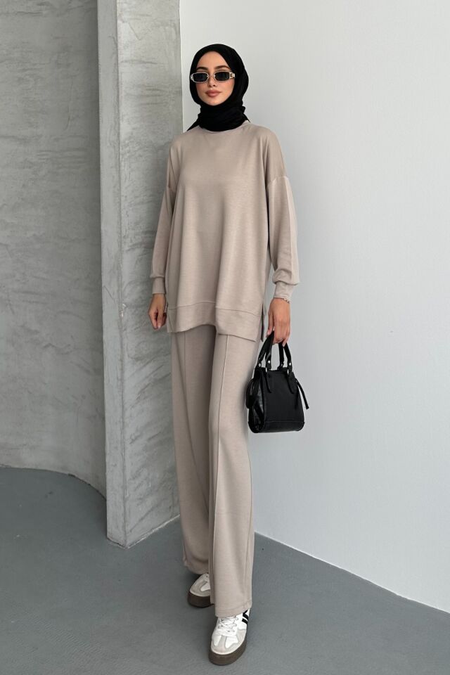 Feela Moda Kadın Modal Penye Oversize Tesettür Tunik Takım 2020 L - Bej