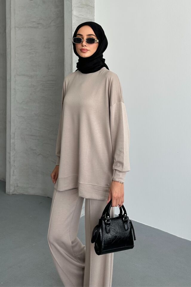 Feela Moda Kadın Modal Penye Oversize Tesettür Tunik Takım 2020 L - Bej