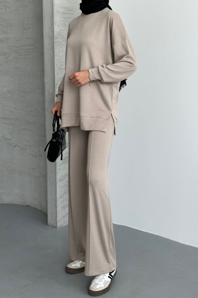 Feela Moda Kadın Modal Penye Oversize Tesettür Tunik Takım 2020 L - Bej