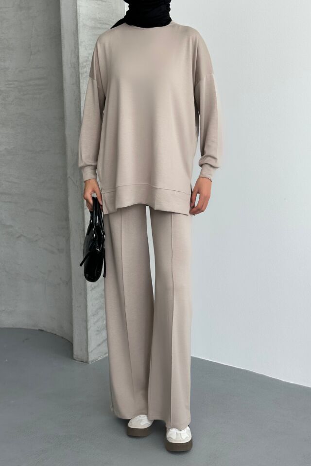 Feela Moda Kadın Modal Penye Oversize Tesettür Tunik Takım 2020 Bej - L