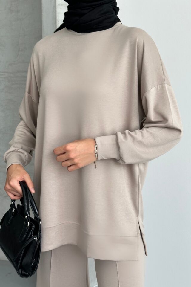 Feela Moda Kadın Modal Penye Oversize Tesettür Tunik Takım 2020 L - Bej