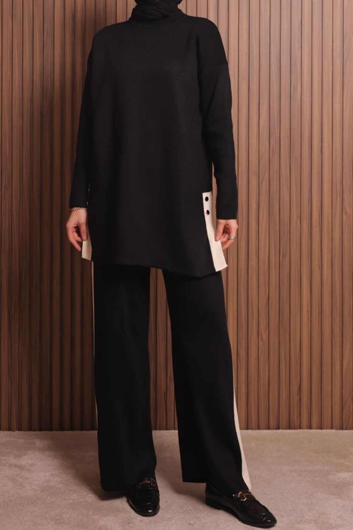 Balenbi Kadın Oversize Düz Dokuma Yırtmaçlı Tesettür Triko Takım 1136 Standart - Kahverengi