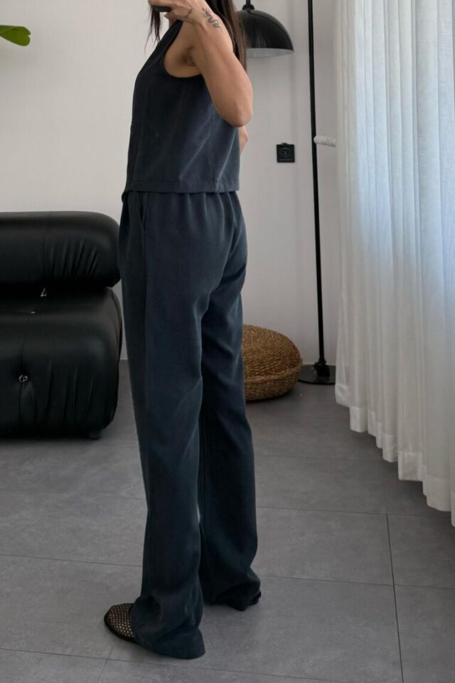 Feela Moda Kadın Tensel Kumaş Dokuma Yelekli Palazzo Takım 2011 S - Antrasit