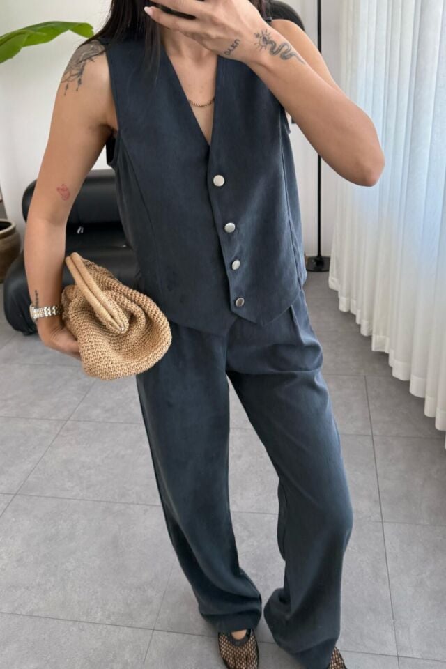 Feela Moda 2011 Kadın Modal Kumaş Dokuma Yelekli Palazzo Takım Antrasit - S