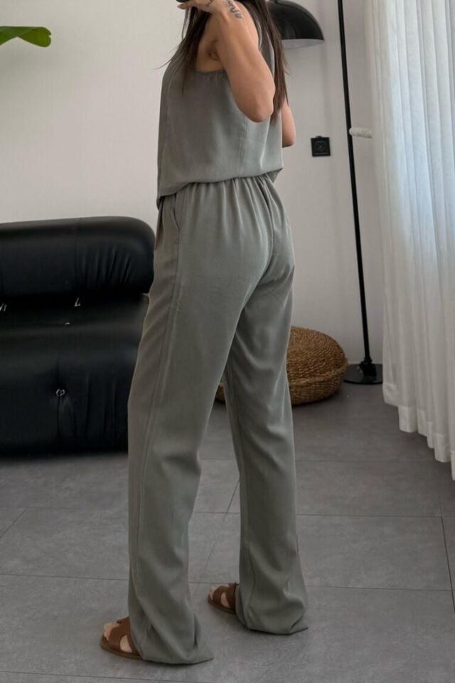 Feela Moda Kadın Tensel Kumaş Dokuma Yelekli Palazzo Takım 2011 S - Haki