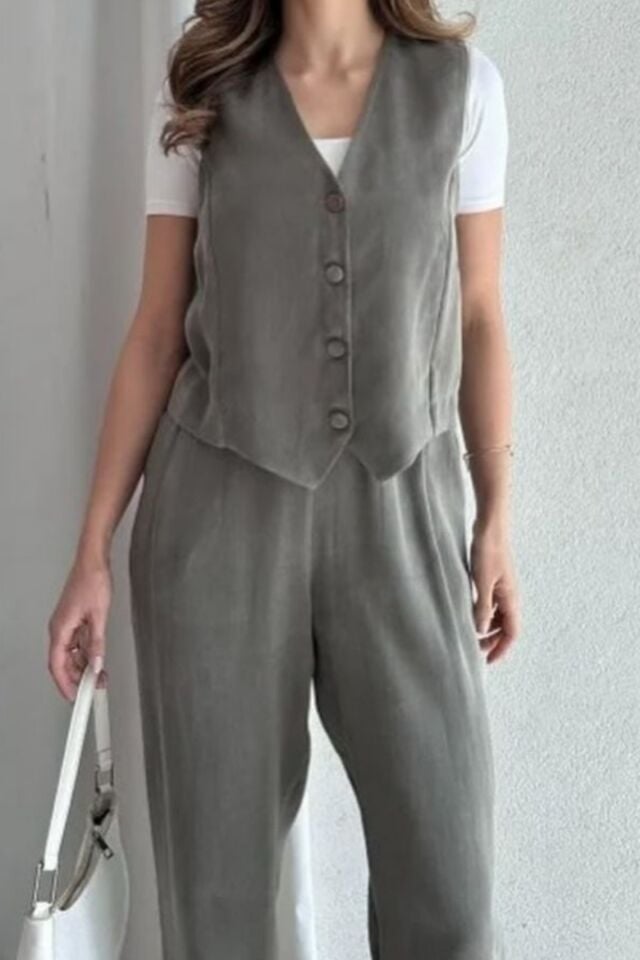 Feela Moda Kadın Tensel Kumaş Dokuma Yelekli Palazzo Takım 2011 S - Haki