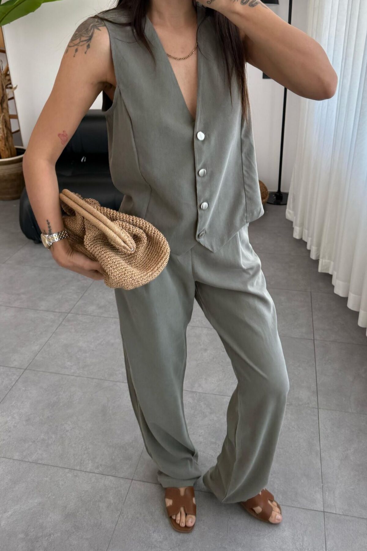 Feela Moda Kadın Tensel Kumaş Dokuma Yelekli Palazzo Takım 2011 S - Haki