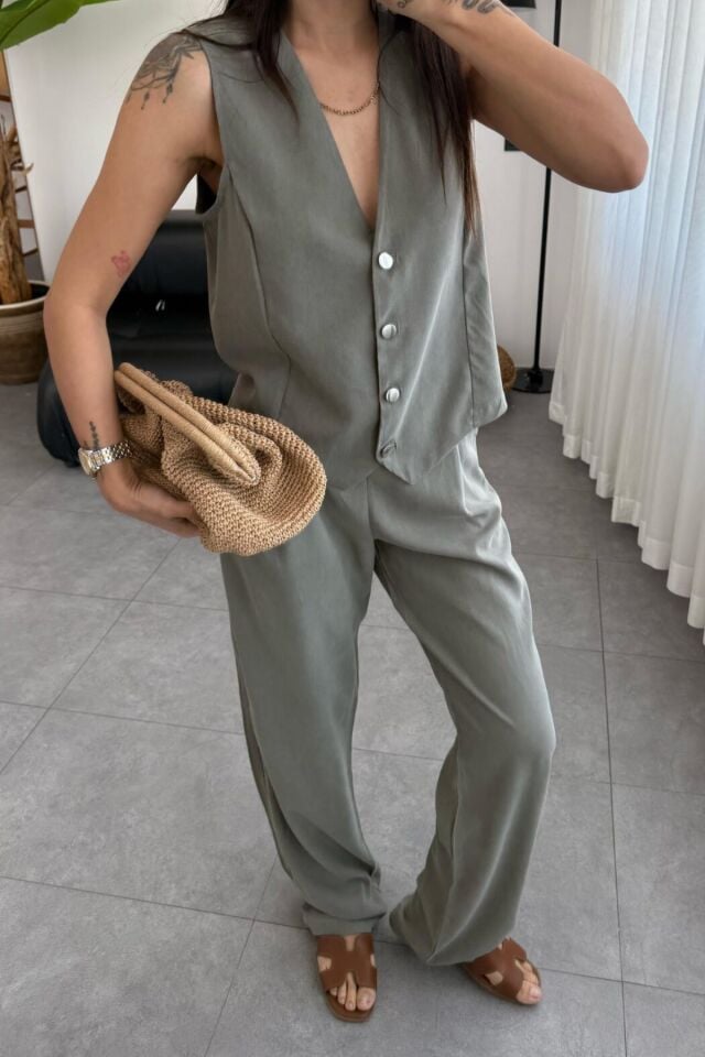 Feela Moda 2011 Kadın Modal Kumaş Dokuma Yelekli Palazzo Takım Haki - S