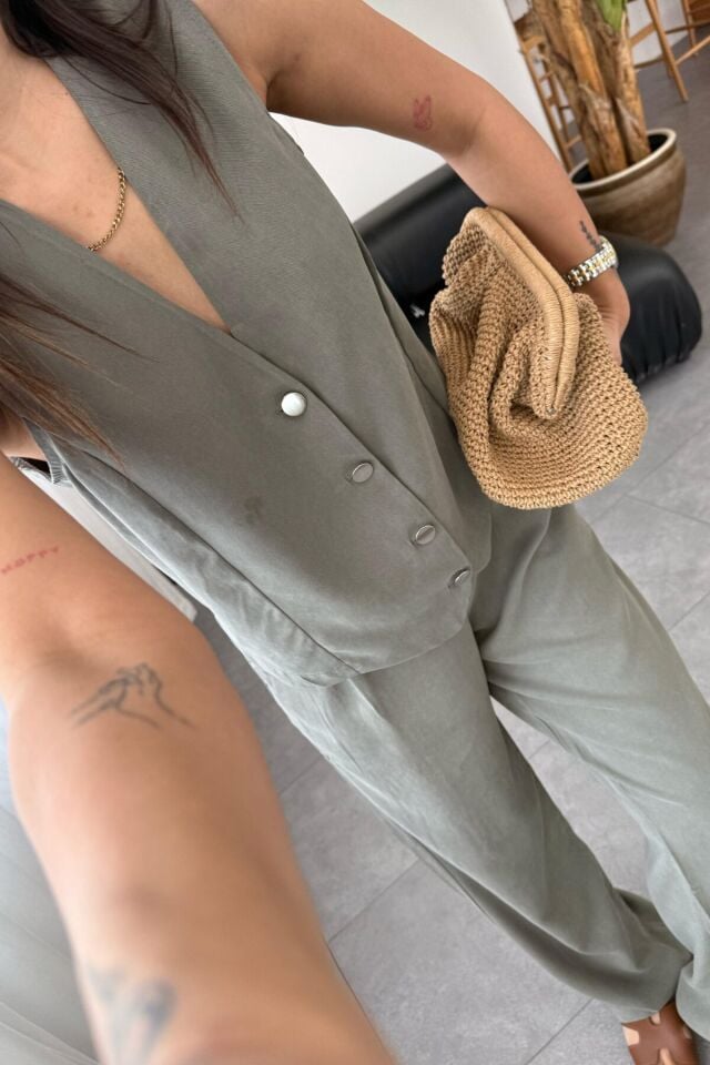 Feela Moda 2011 Kadın Modal Kumaş Dokuma Yelekli Palazzo Takım Haki - S