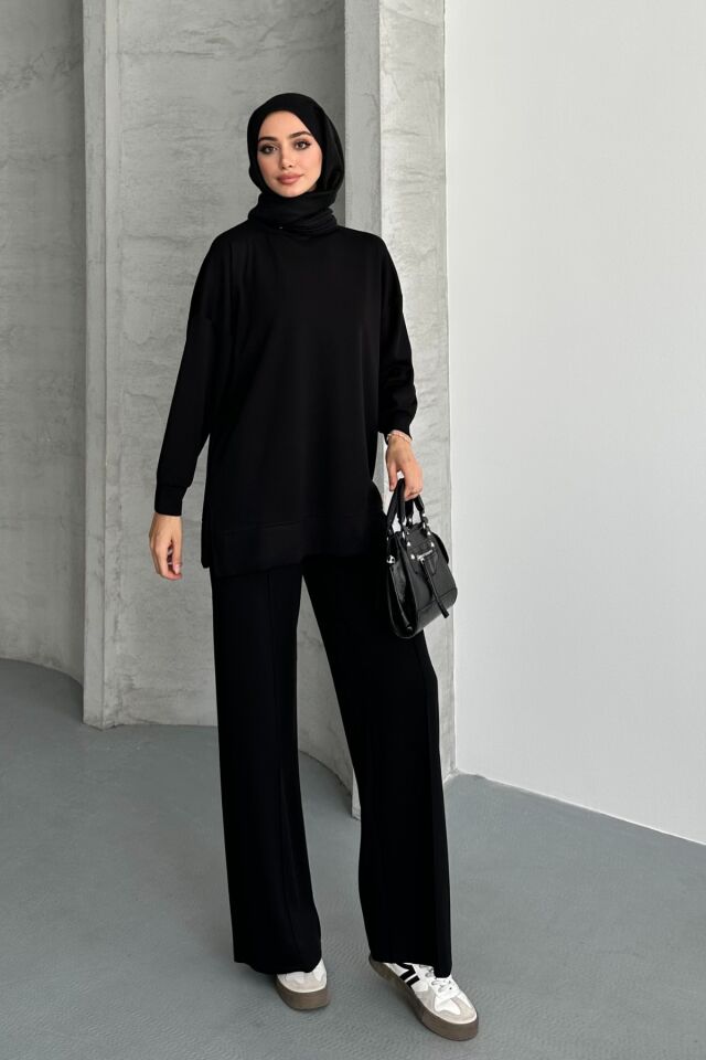 Feela Moda Kadın Modal Penye Oversize Tesettür Tunik Takım 2020 2XL - Siyah