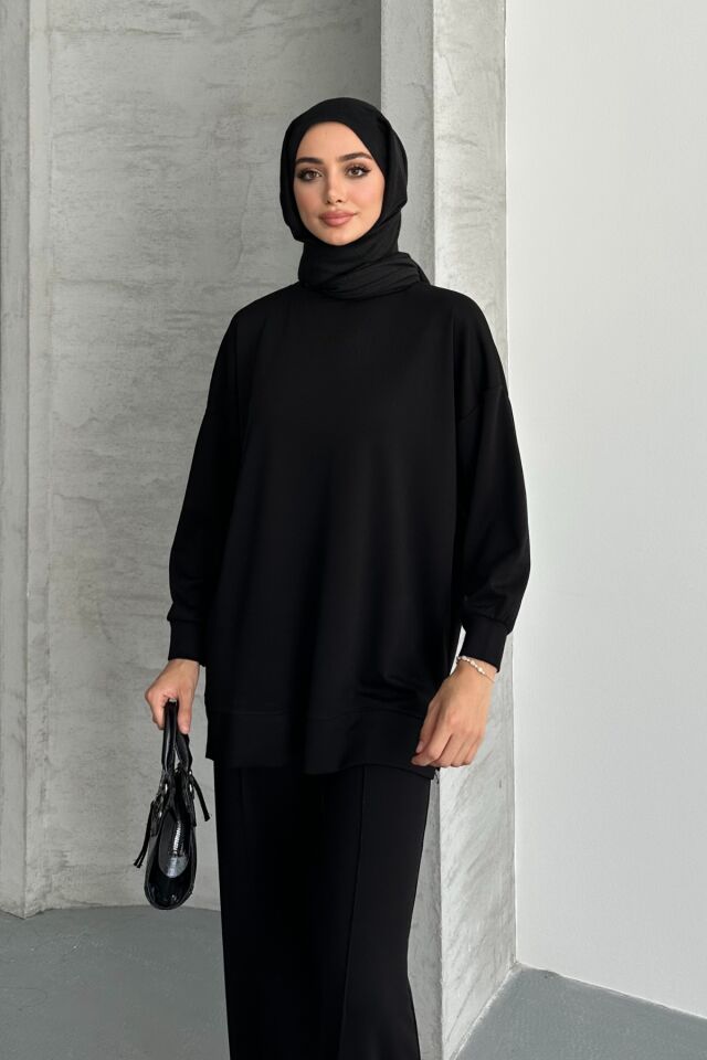 Feela Moda Kadın Modal Penye Oversize Tesettür Tunik Takım 2020 2XL - Siyah