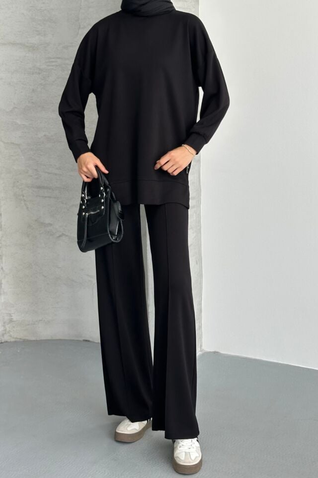 Feela Moda Kadın Modal Penye Oversize Tesettür Tunik Takım 2020 Siyah - 2XL