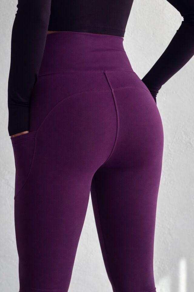 Balenbi Haute Kadın Yüksek Bel Toparlayıcı Çift Cepli Leggings Fitness Tayt 1092 S - Mürdüm