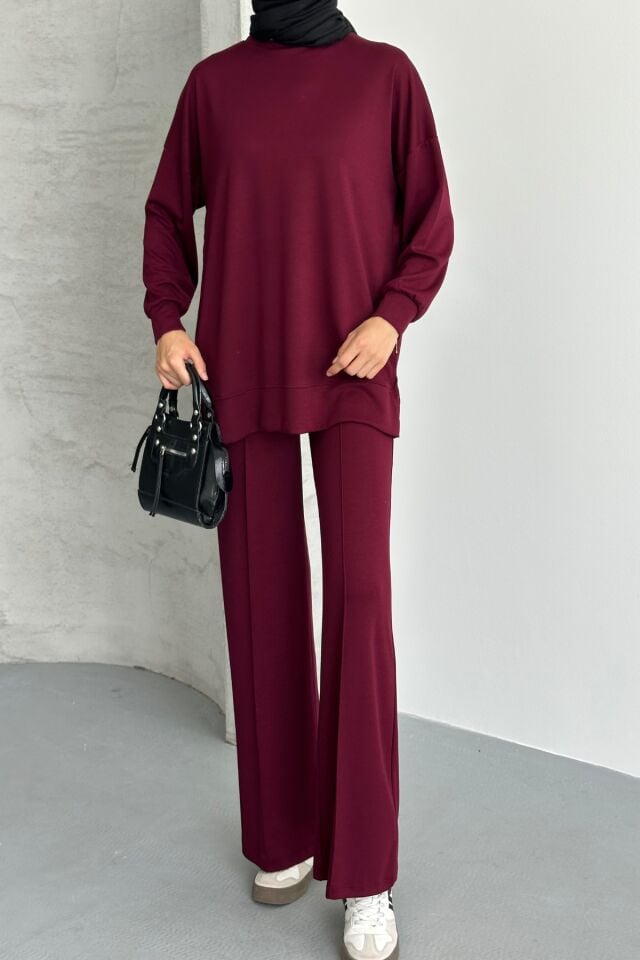 Feela Moda Kadın Modal Penye Oversize Tesettür Tunik Takım 2020 Bordo - 2XL