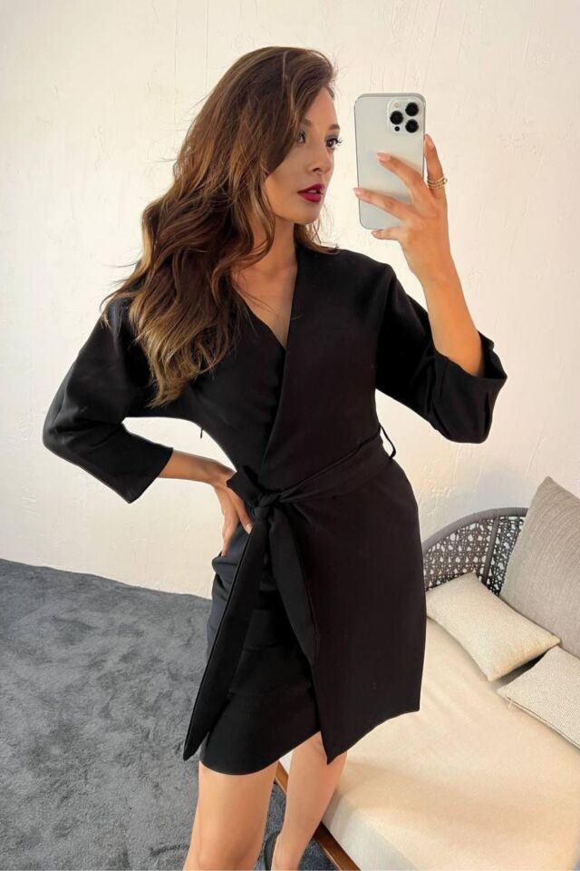 Balenbi Kadın Kruvaze Model Kuşaklı Double Krep Yazlık Elbise 1081 S - Siyah