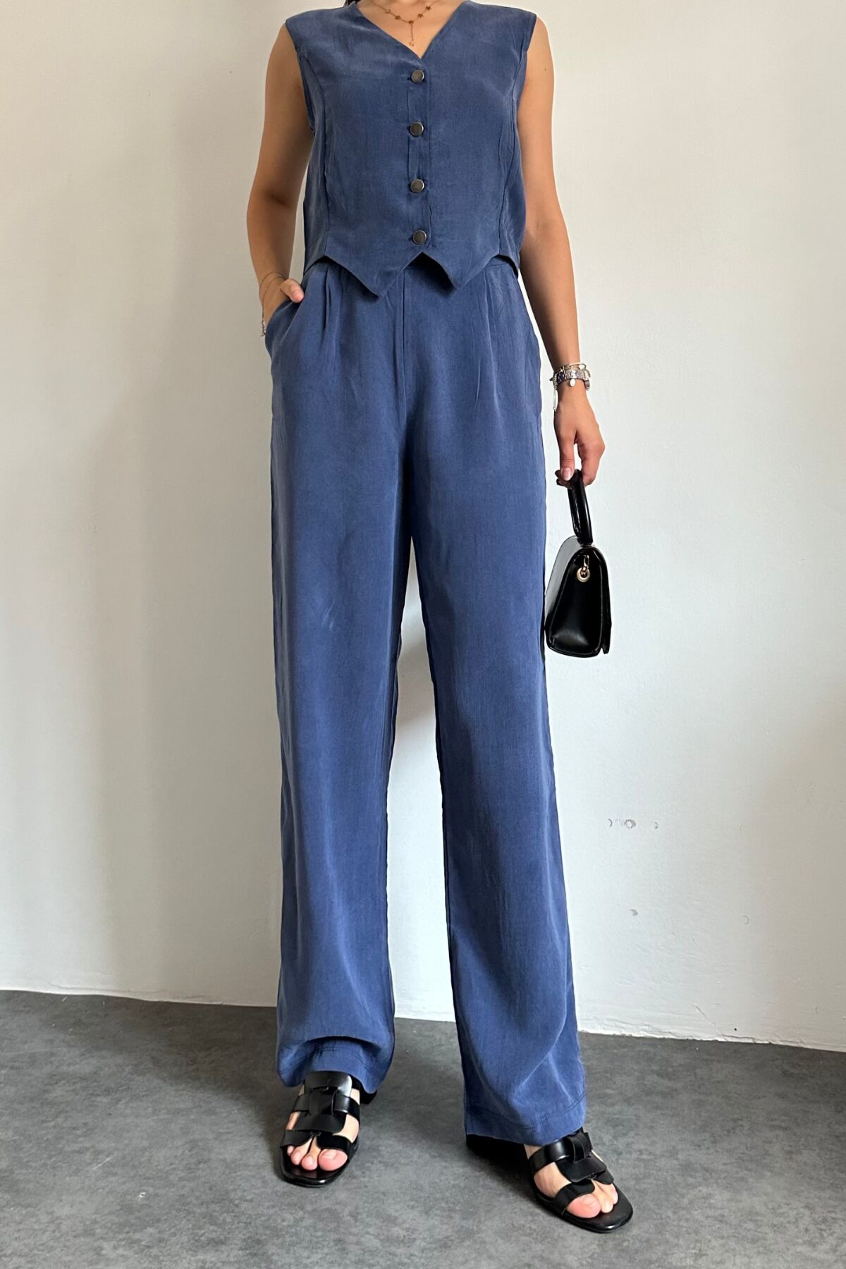 Feela Moda Kadın Tensel Kumaş Dokuma Yelekli Palazzo Takım 2011 S - İndigo