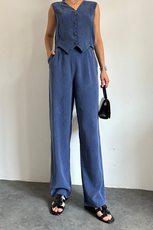 Feela Moda 2011 Kadın Modal Kumaş Dokuma Yelekli Palazzo Takım İndigo - S