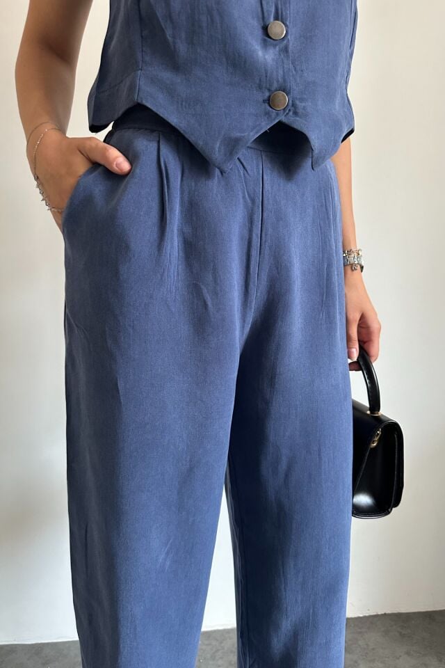 Feela Moda Kadın Tensel Kumaş Dokuma Yelekli Palazzo Takım 2011 S - İndigo