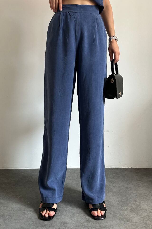 Feela Moda Kadın Tensel Kumaş Dokuma Yelekli Palazzo Takım 2011 S - İndigo