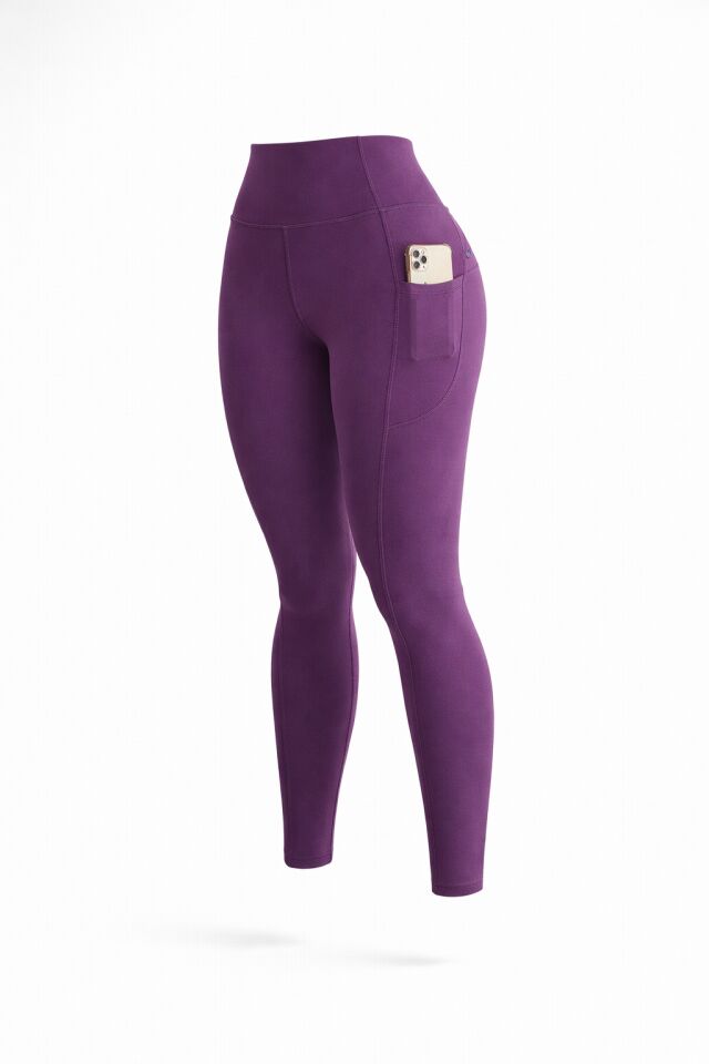 Balenbi Haute Kadın Yüksek Bel Toparlayıcı Çift Cepli Leggings Fitness Tayt 1092 Mürdüm - XL