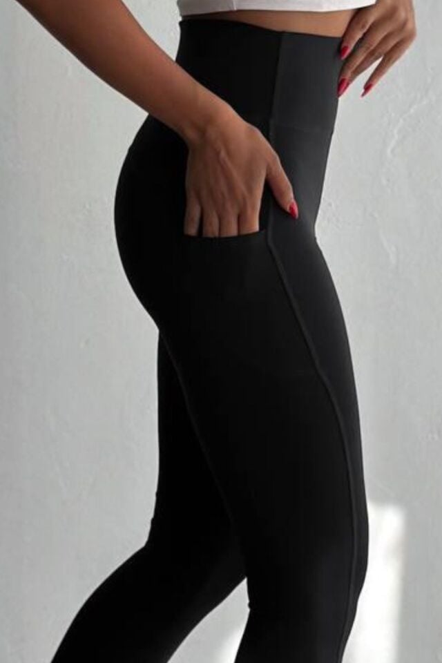 Balenbi Haute Kadın Yüksek Bel Toparlayıcı Çift Cepli Leggings Fitness Tayt 1092 M - Siyah