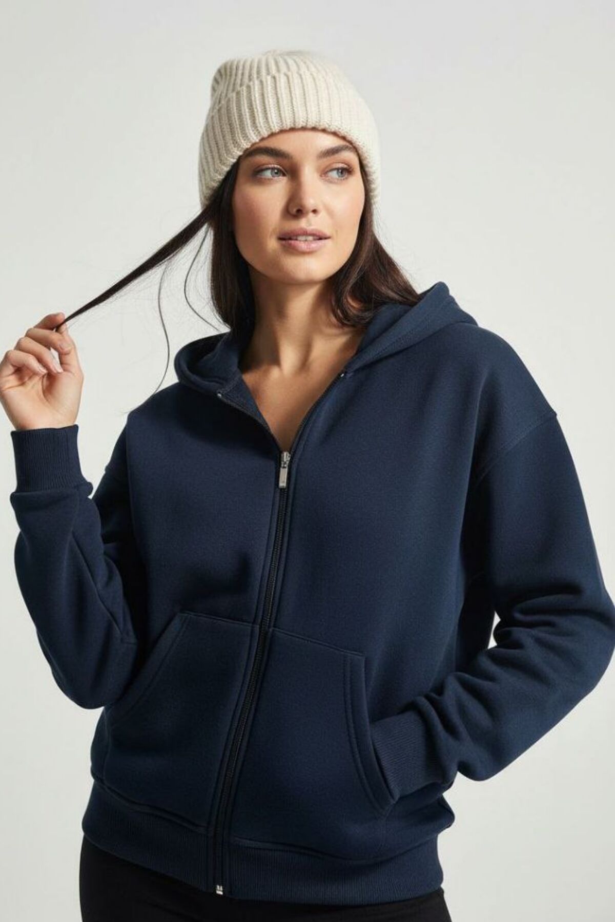 Kadın 3 İplik İçi Polarlı Kapüşonlu Oversize Sweat Hırka 1110 L - Lacivert