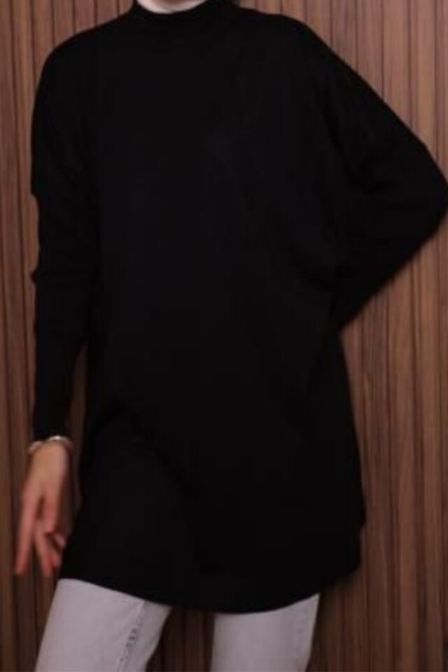 Balenbi Kadın Dik Yaka Basic 80cm Salaş Oversize Triko Tunik 1145 Siyah - Standart