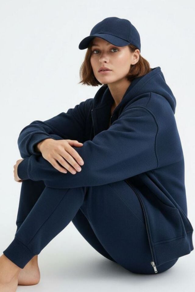 Kadın 3 İplik İçi Polarlı Kapüşonlu Oversize Sweat Hırka 1110 L - Lacivert