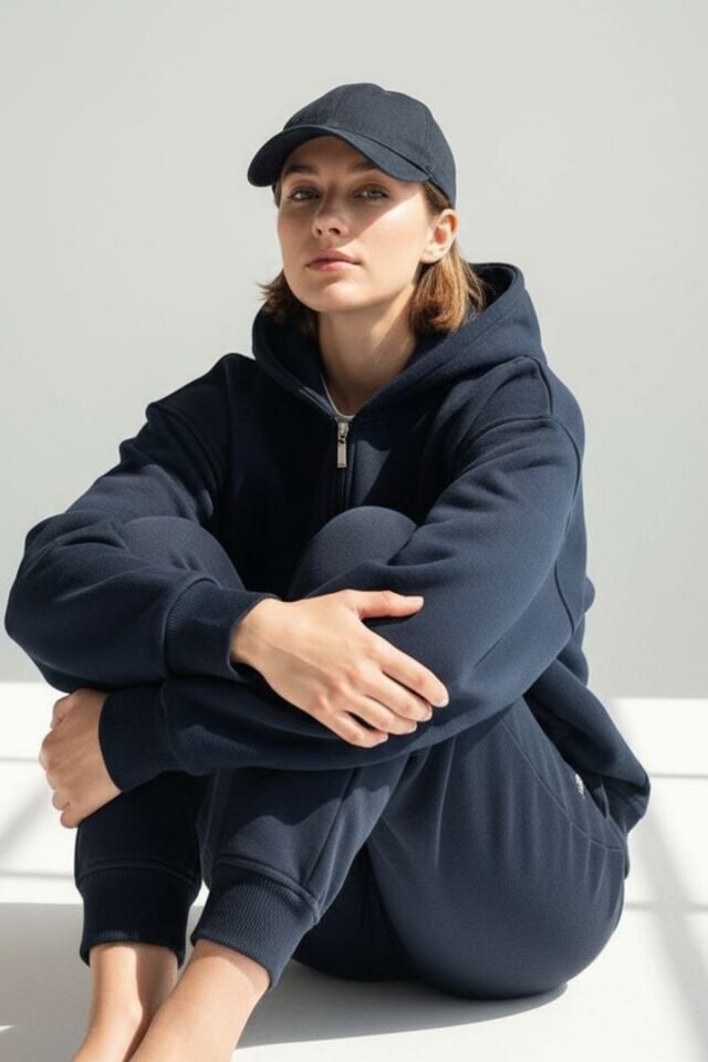 Kadın 3 İplik İçi Polarlı Kapüşonlu Oversize Sweat Hırka 1110 L - Lacivert