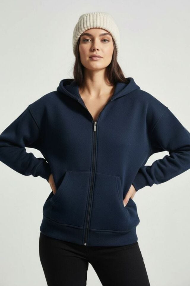 Kadın 3 İplik İçi Polarlı Kapüşonlu Oversize Sweat Hırka 1110 L - Lacivert