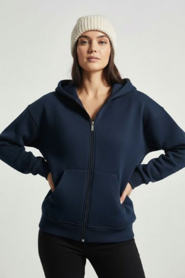 Kadın 3 İplik İçi Polarlı Kapüşonlu Oversize Sweat Hırka 1110 L - Lacivert