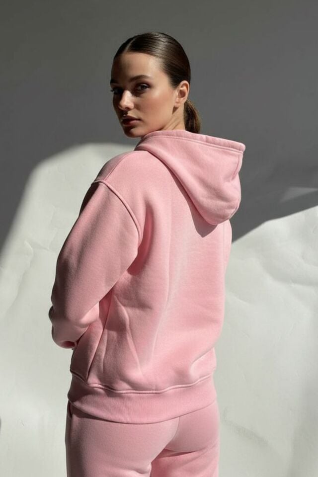 Kadın 3 İplik İçi Polarlı Kapüşonlu Oversize Sweat Hırka 1110 L - Pembe