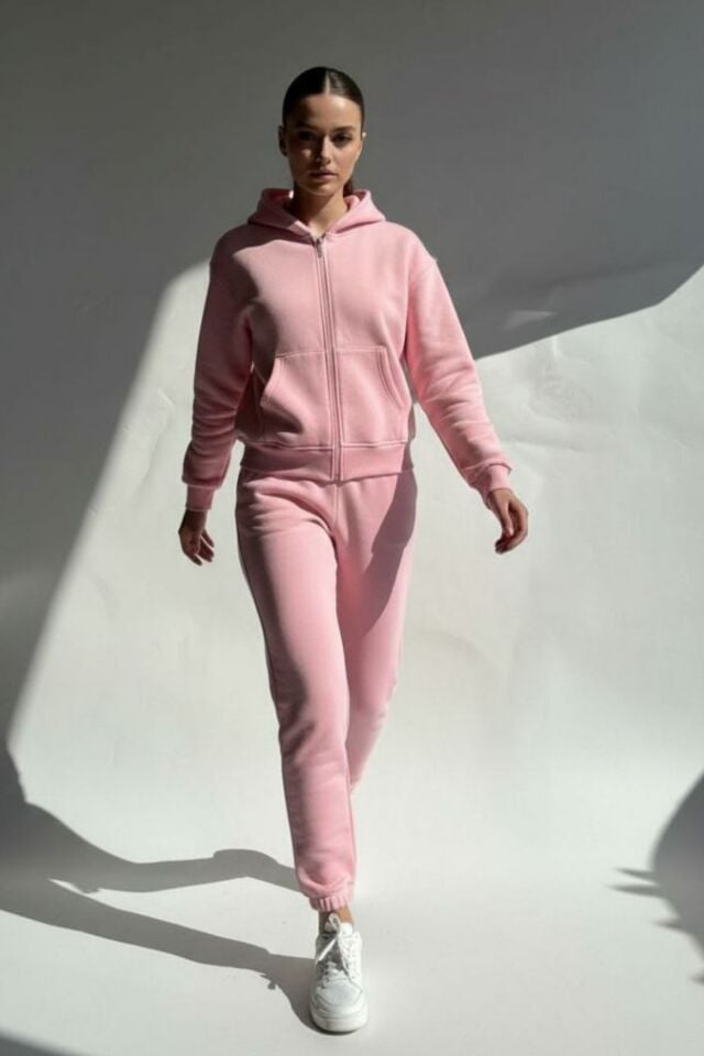 Kadın 3 İplik İçi Polarlı Kapüşonlu Oversize Sweat Hırka 1110 L - Pembe
