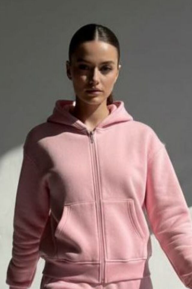 Kadın 3 İplik İçi Polarlı Kapüşonlu Oversize Sweat Hırka 1110 L - Pembe
