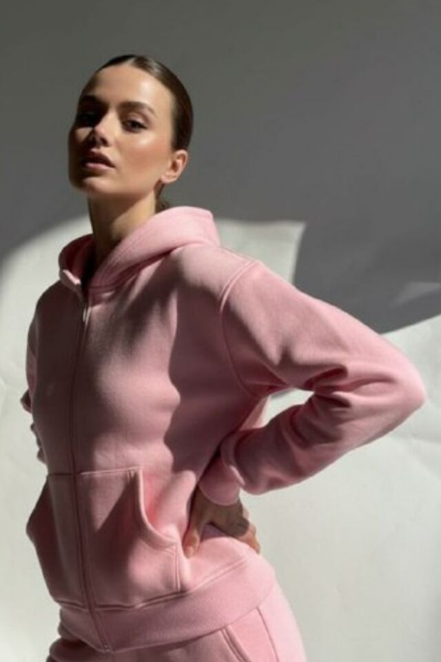 Kadın 3 İplik İçi Polarlı Kapüşonlu Oversize Sweat Hırka 1110 L - Pembe