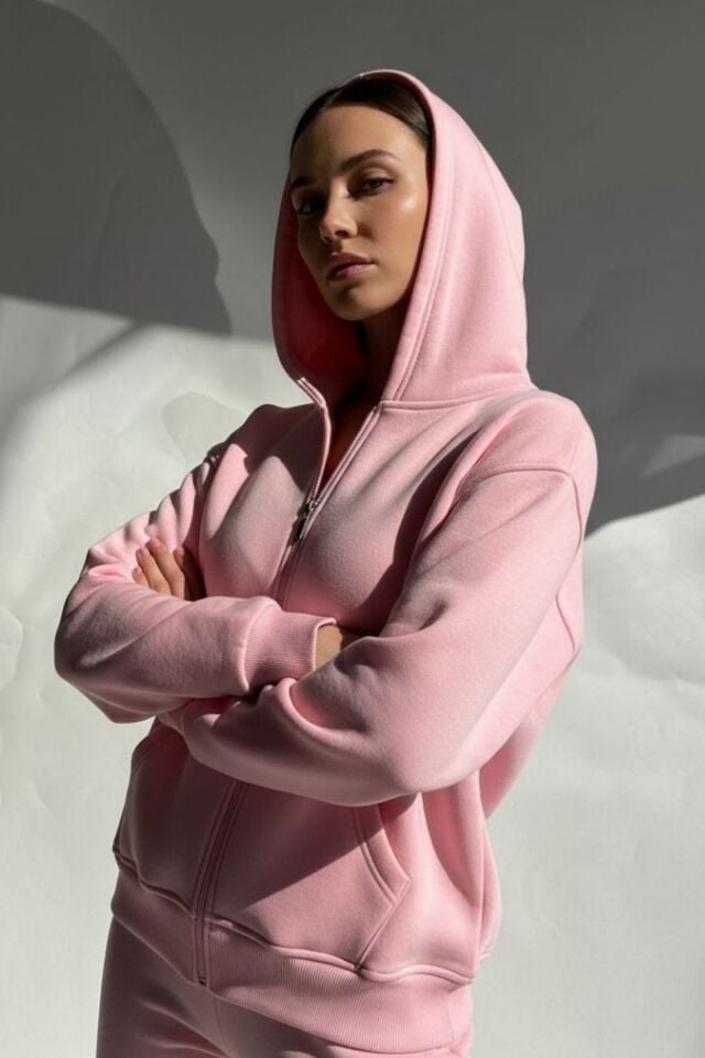 Kadın 3 İplik İçi Polarlı Kapüşonlu Oversize Sweat Hırka 1110 L - Pembe
