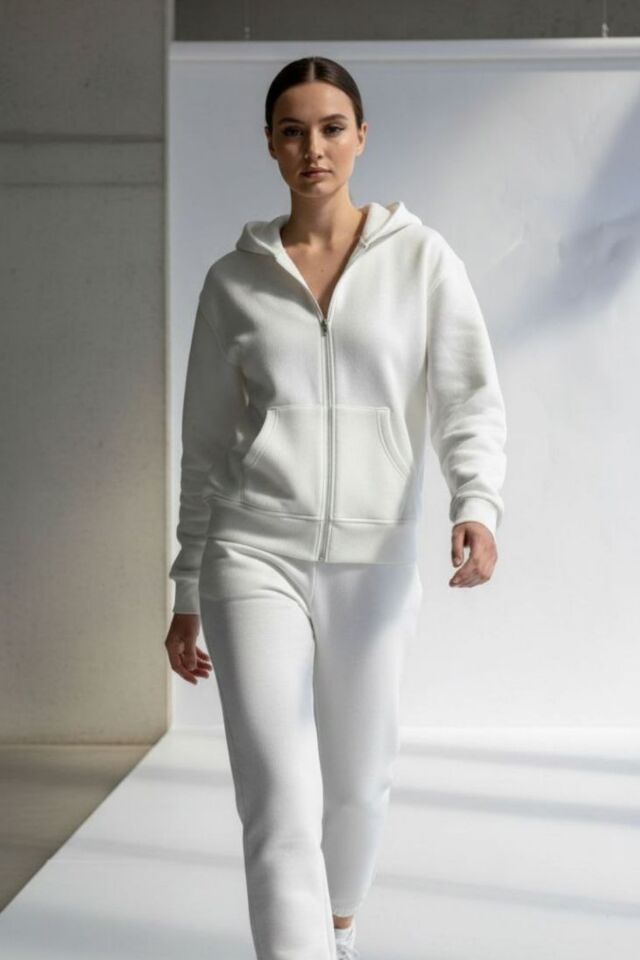 Kadın 3 İplik İçi Polarlı Kapüşonlu Oversize Sweat Hırka 1110 L - Ekru