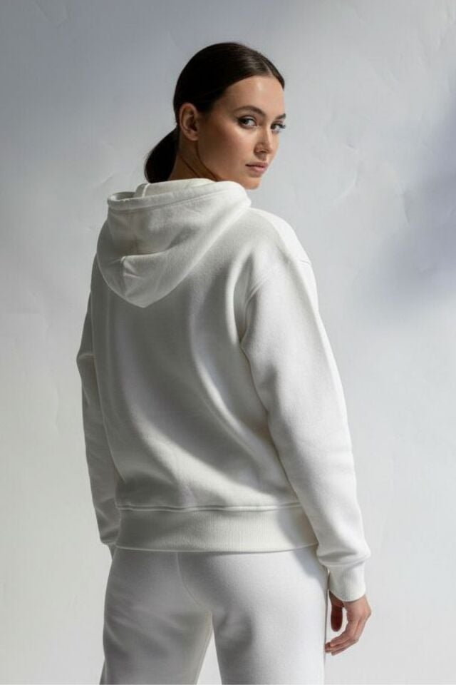 Kadın 3 İplik İçi Polarlı Kapüşonlu Oversize Sweat Hırka 1110 L - Ekru