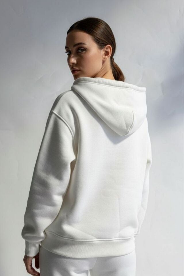 Kadın 3 İplik İçi Polarlı Kapüşonlu Oversize Sweat Hırka 1110 L - Ekru