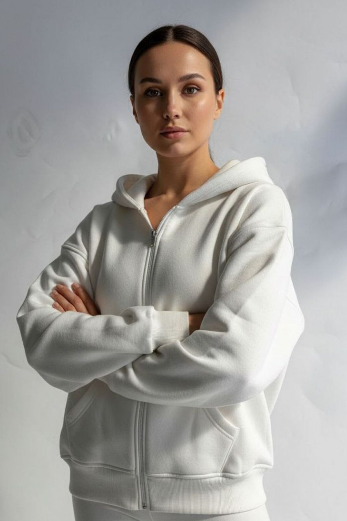Kadın 3 İplik İçi Polarlı Kapüşonlu Oversize Sweat Hırka 1110 L - Ekru
