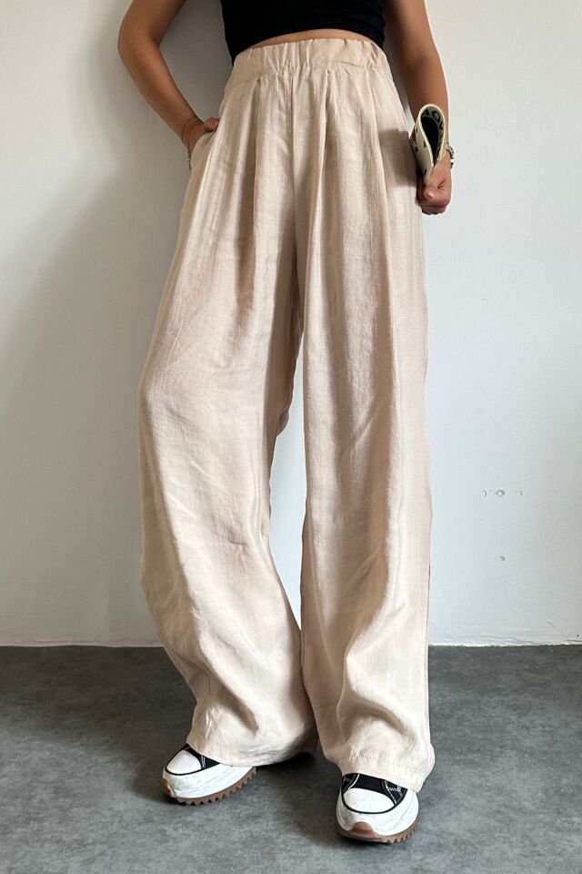 Feela Moda 2009 Beli Lastikli Paraşüt Kumaş Palazzo Kadın Pantolon 40 - Bej